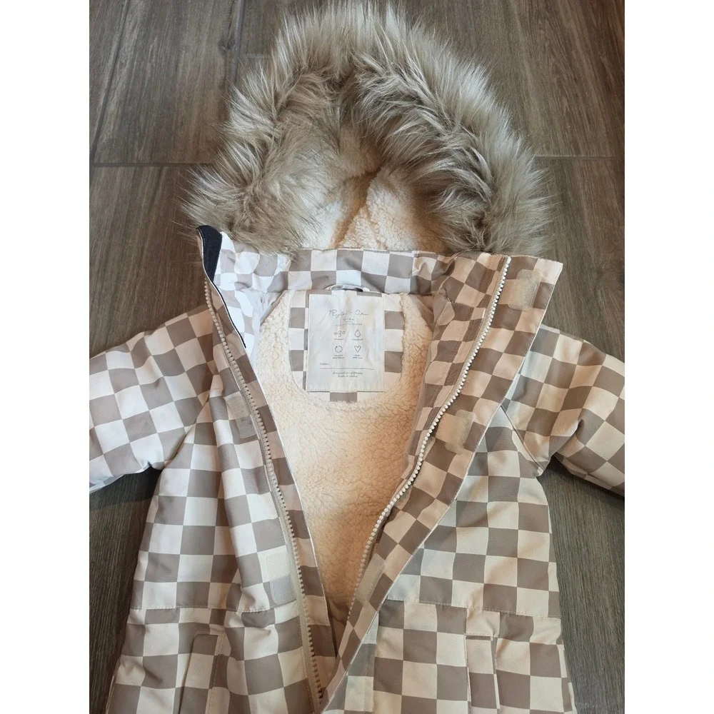 Rylee + Cru Kids Checkered Snowsuit Tan Cream Faux Fur Hood Down Fill 12-18m